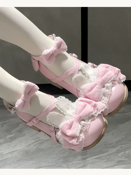Bunny Ear Low/Mid Janes Pink - Dot Accents with Sweet Lolita Bows Mary Heels Round Toe Polka