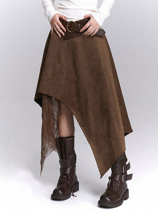 with Fashion Lace Handkerchief Hem Coffee Skirt Details Wasteland Patchwork Millard Suede