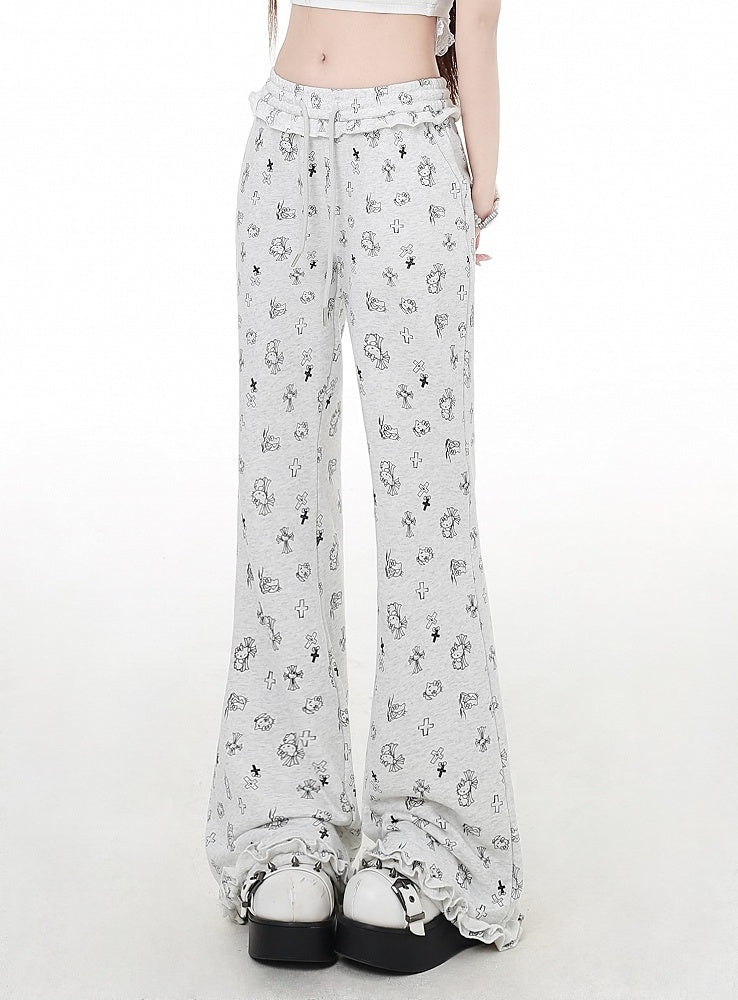 Gray Cuffs Low Waist Kitty and Cross Print Light Glamorous Ruffled Flared Pants