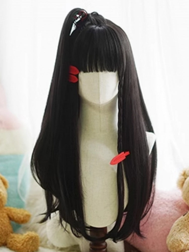 Black Long Straight Wig With Full Bangs