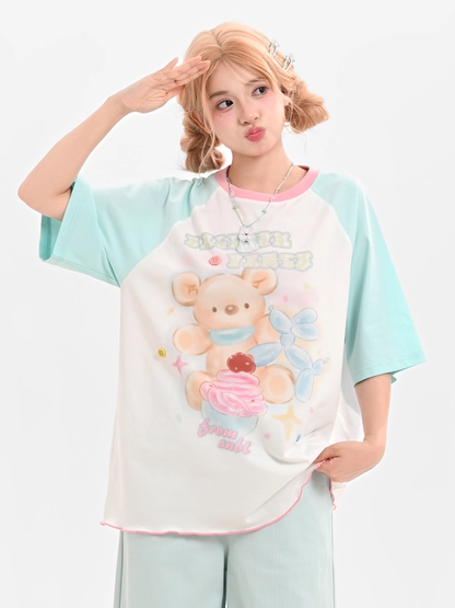 Mint Blue Colorblock Design Bear Print Loose Cute T-shirt