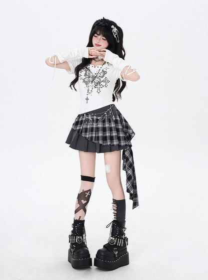 Butterfly Print Halter Neck T-Shirt Armwear with Black/White