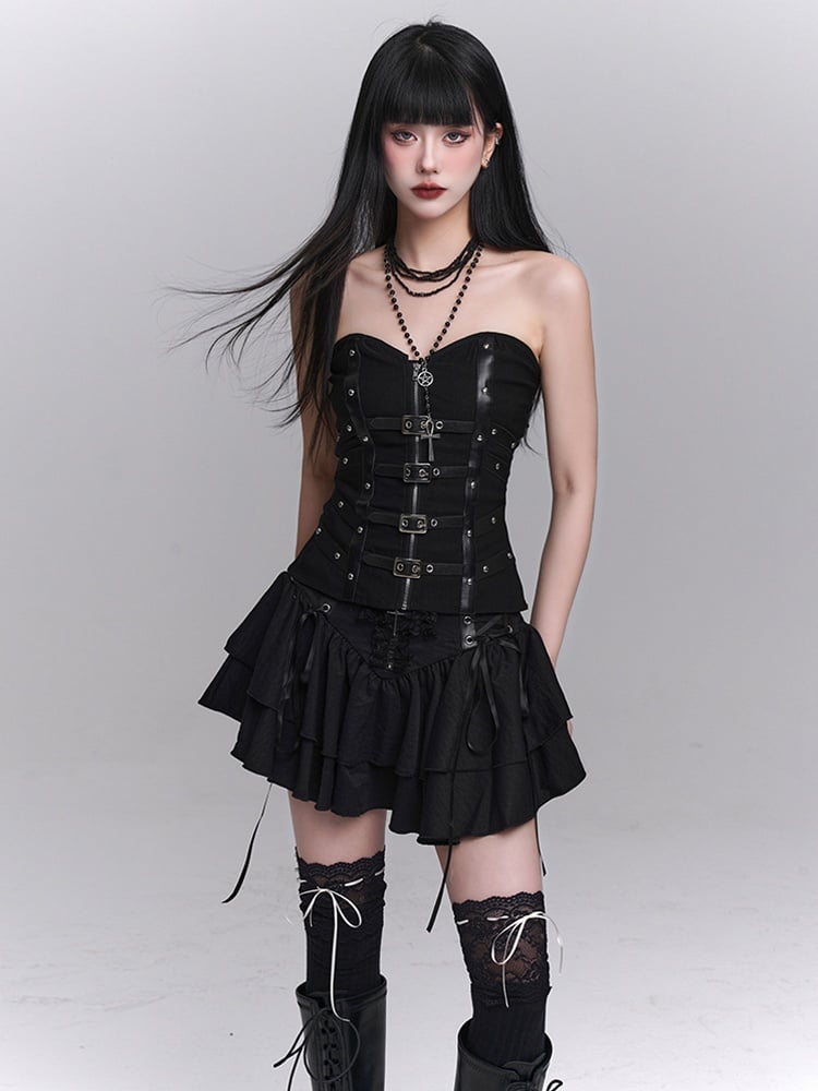 Lace Tiered Skirt Cross Black Lace-up Waist Studded