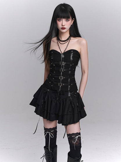 Lace Tiered Skirt Cross Black Lace-up Waist Studded