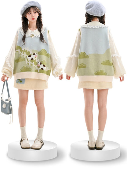 Green Pasture Cow Pattern Knitted Vest