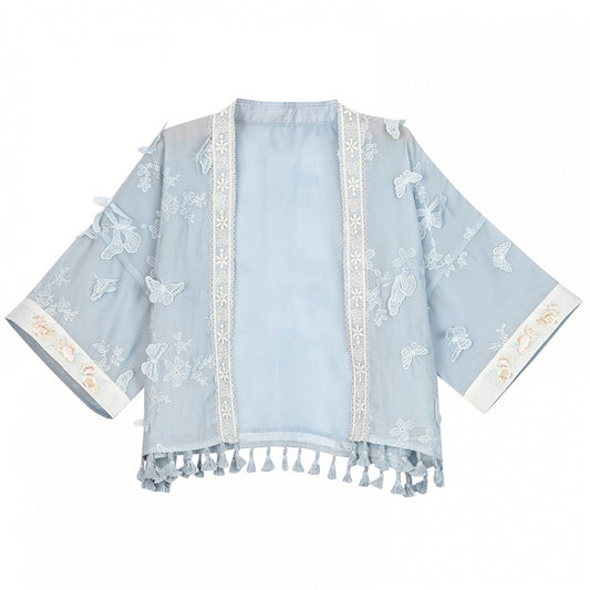 Sleeves Top Hem Butterfly Floral Embroidery Blue Tassels Design Long