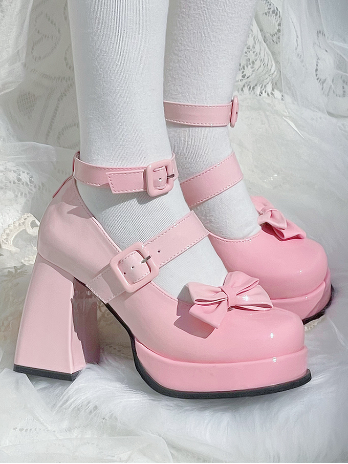 Gradient Pink Detachable Bowknot Platform High Block Heels Lolita Shoes