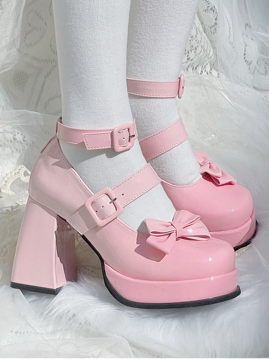 Gradient Pink Detachable Bowknot Platform High Block Heels Lolita Shoes