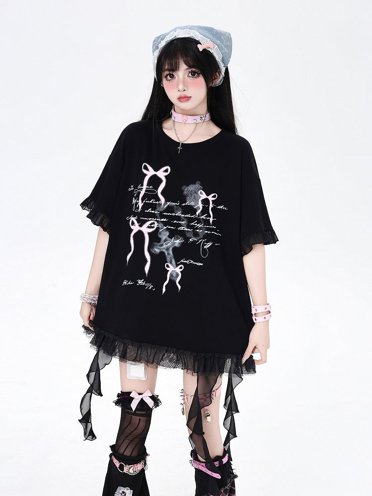 T-Shirt White/Black Cascading Ruffle Accents Bowknots Print Loose