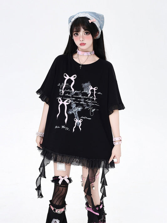 T-Shirt White/Black Cascading Ruffle Accents Bowknots Print Loose