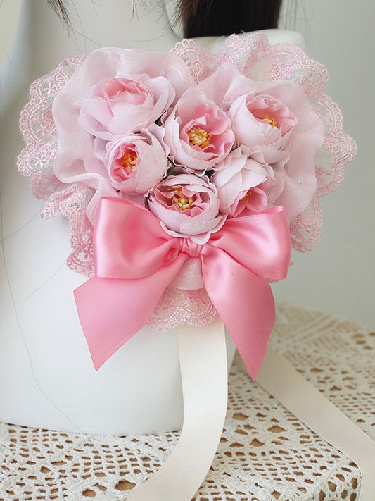 Barrette à cheveux avec nœud floral rose et bordure en dentelle
