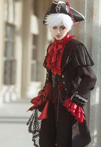 Red Ruffled High Neck Ouji Lolita Long Sleeves Shirt with Jabot Tie