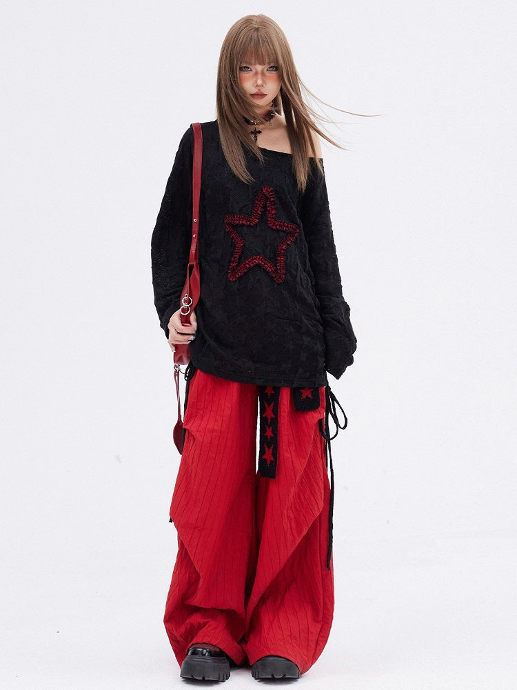Black Star  Long Sleeves Drawstring T-shirt