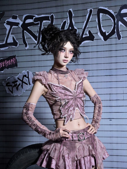 Gradient Style Choker Punk Embroidery Rhinestone Pink Denim Y2K Corset Cross Butterfly  with Pastel Fairycore