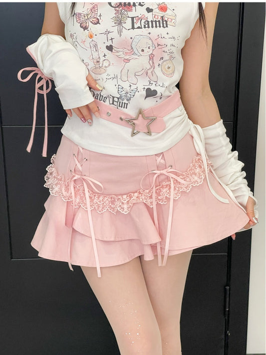 Tiered Skirt with Lace-up Details Pink Y2K Asymmetrical Kawaii Yume