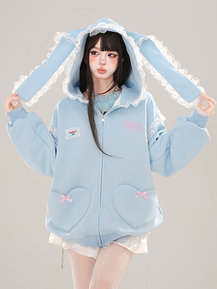 Blue/Apricot Bunny Ears Lace Trim Zip Hoodie