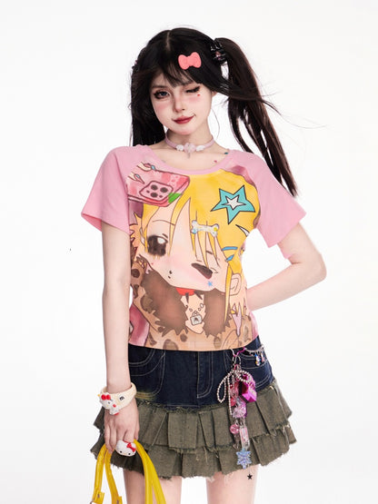 Pink Y2K Cartoon Girl Print T-Shirt/Cami Top