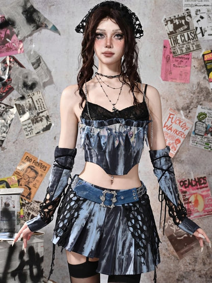 Grunge Punk Rock Fairy Blue Asymmetrical Hem Tie Dye Pleated Skirt with Free Chain Belt