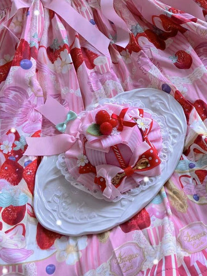 Bowknot Lace Design Trim Mini Pink Floral Strawberry Hat Decorated Details