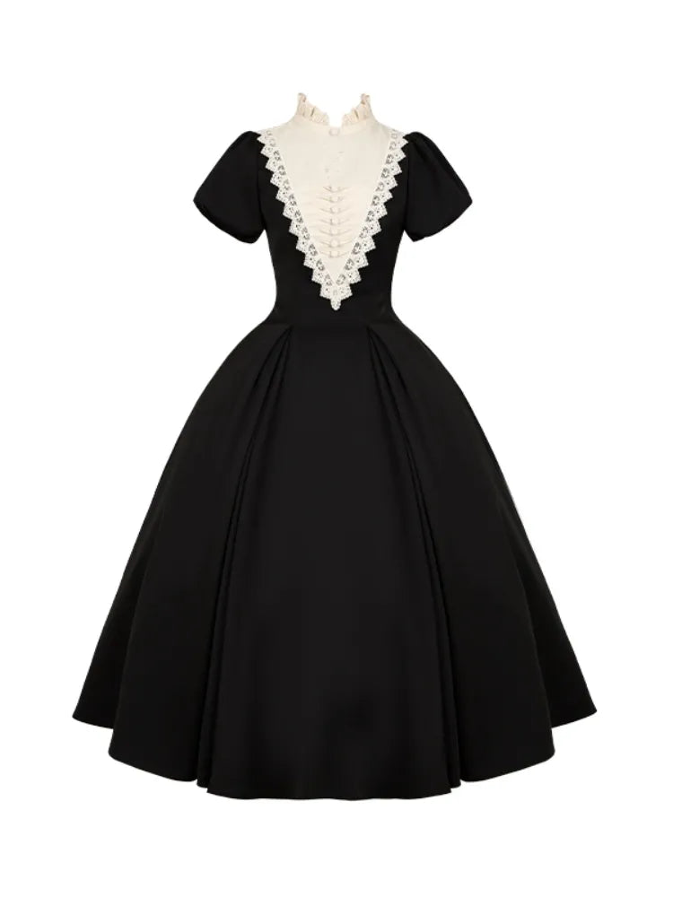 Elegant Black and Beige Ruffle Banded Collar Gothic Nun Lolita Dress Long Version