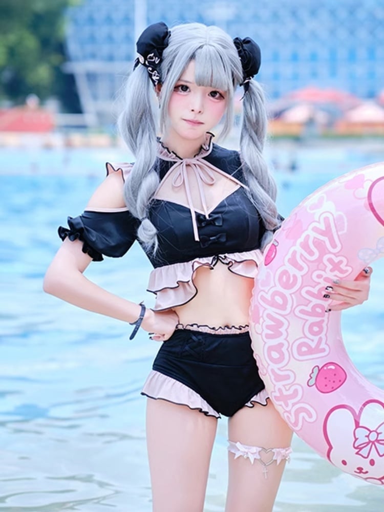 Black Pink Cutout Puff Sleeves Swimsuit