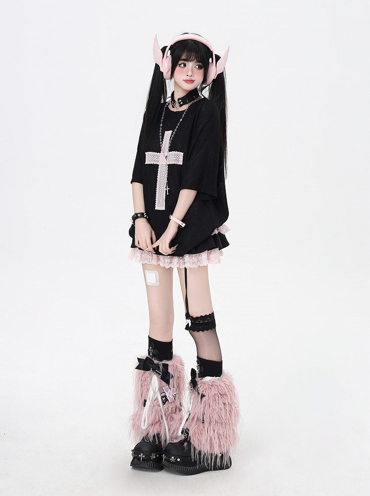 Light T-Shirt Cross Applique Loose Pink/Light Blue/Black