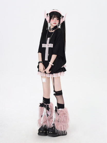 Light T-Shirt Cross Applique Loose Pink/Light Blue/Black