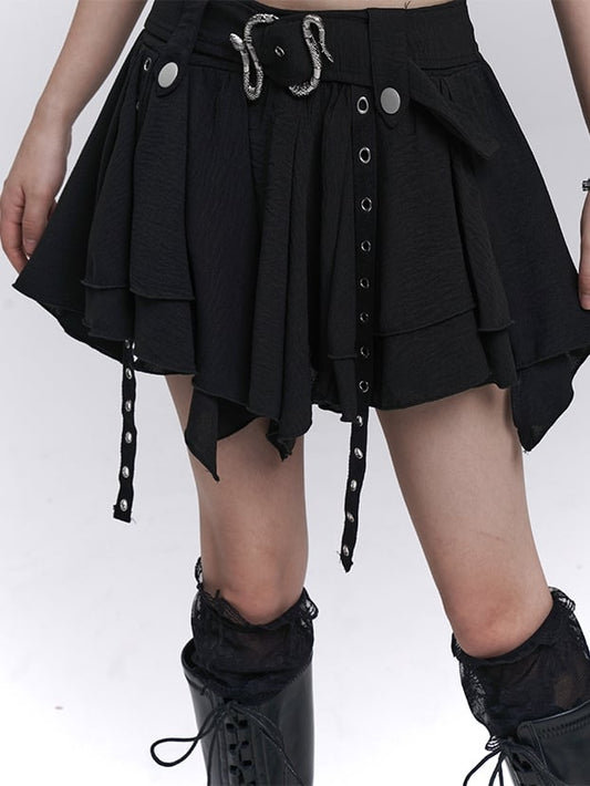 Asymmetrical Hem Tiered Skirt with Black Serpentine Belt