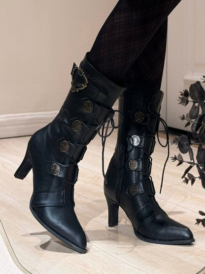 Lace-Up Pointed Leather Buckle Mid-Calf Boots Toe Elegant Embellishments - with Heels Lolita PU and Black
