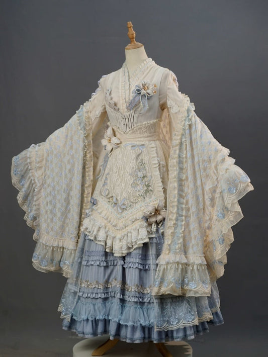 Ensemble complet Lolita JSK élégant classique avec patte de boutonnage sur le devant bleu Lily Pink House