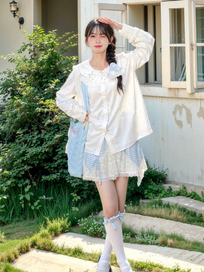 White Lace Trim Peter Pan Collar Bowknot Details Blouse