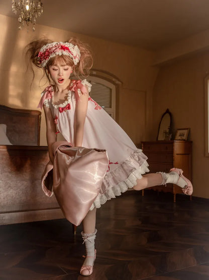 Eyelet Scalloped Sweet Pink Trimming Print Bow Dress and Lolita Bunny