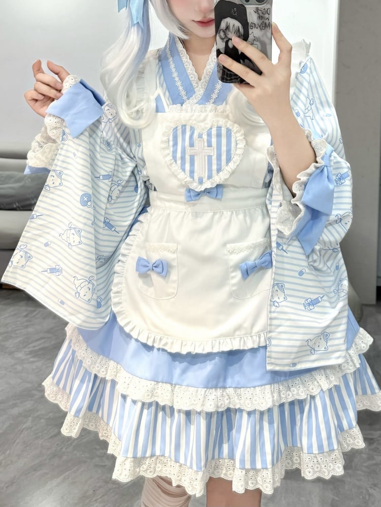 Blue Striped Little Ghost Print Top + Tiered Skirt + Apron Wa Lolita Set