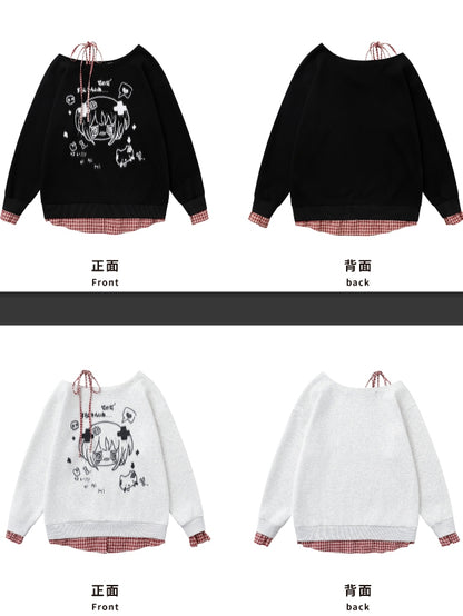 Haut Yami Kawaii noir/blanc à encolure asymétrique et poignets à carreaux