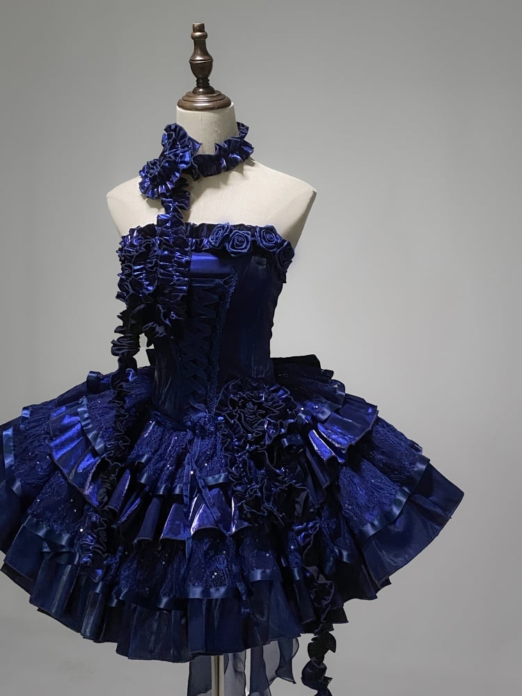 Klein Blue Roses Neckline Lolita Goth Boning Dress Sequins Tiered Puffy Dress