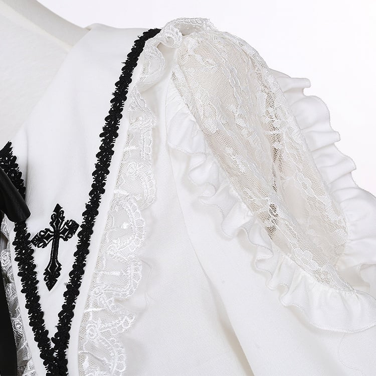 Jirai Kei White Pointed Flat Collar Lace Patch Shoulder Landmine Style Shirt