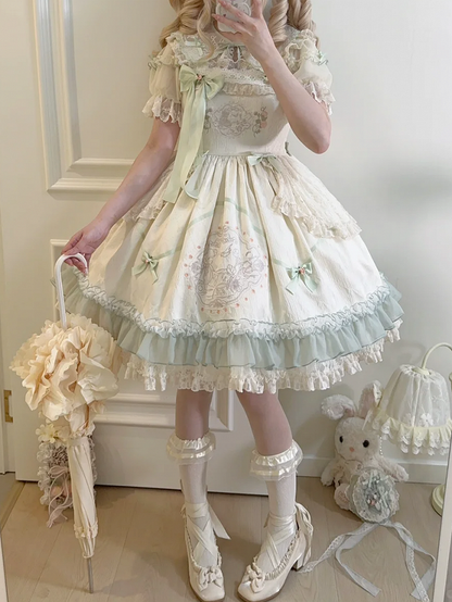 Hoher Rock mit Blumenmuster, Teddy-Stickerei, Lolita-Pullover und Schleife aus Stoff