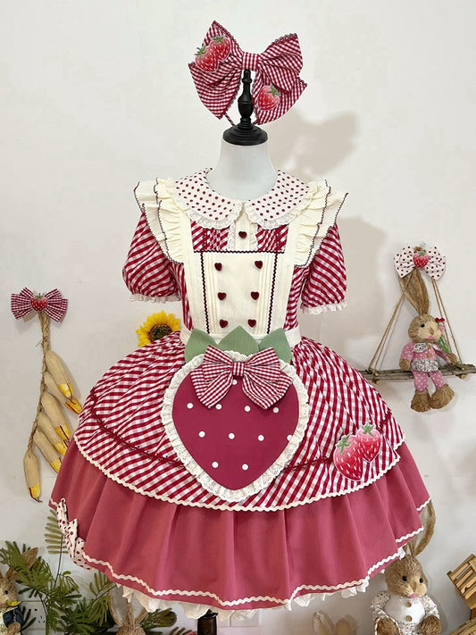 Dress with Plaid Lolita Collar Peter Pattern Strawberry Pan Sweet Pink Apron