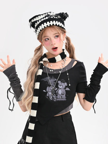 Black Teddy Bear Asymmetrical Hem Faux Two-pieces Cropped T-Shirt with Lace-up Gloves