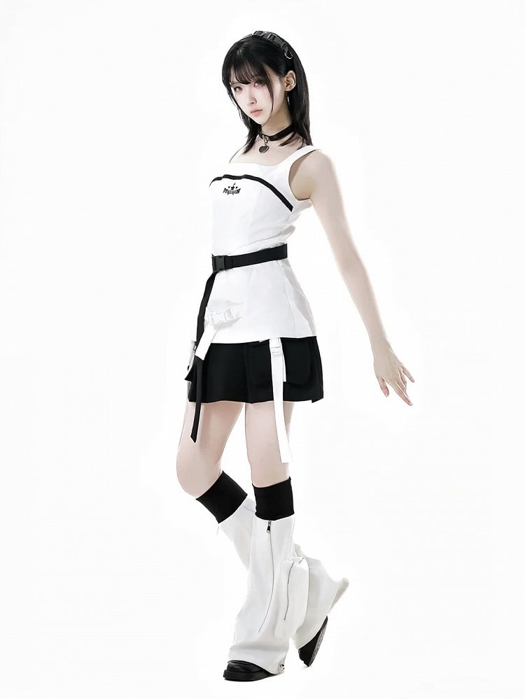 Zipper Black and Techwear Flared Leg Warmers White Drawstring Cuffs Detail