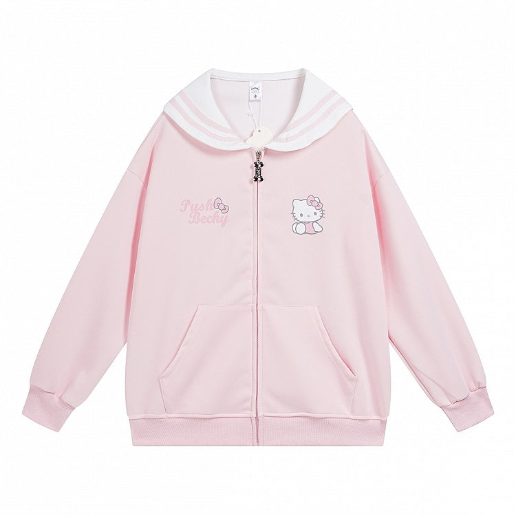 Pink/Light Blue/Grey/Black Kitty Print Sailor Collar Zip Closure Thick Sweatshirt