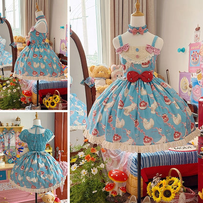 Lolita Blue Print Showa Sweet Cake Fashion Cherry and Dress Kitty