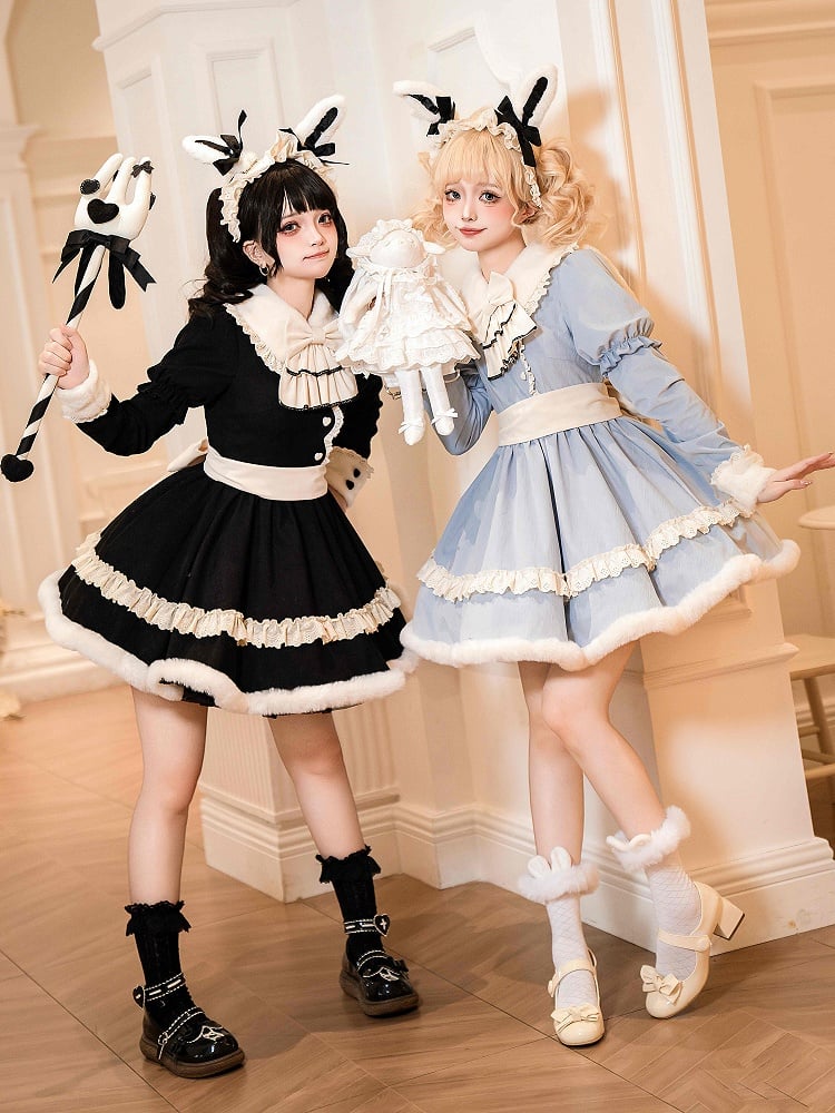 Plush Collar and Cuffs Alice Blue Sweet Lolita Dress with Removable Bunny Ears and Tail Back