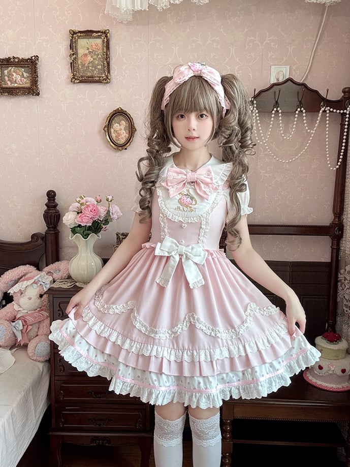 Strawberry Embroidery Pink Scalloped Edge Trim JSK Light Sweet Lolita Dress