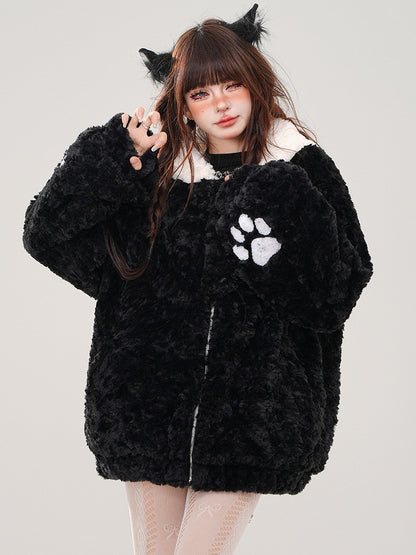 Black Cute Kitty Head Hood Fleece Zip Hoodie