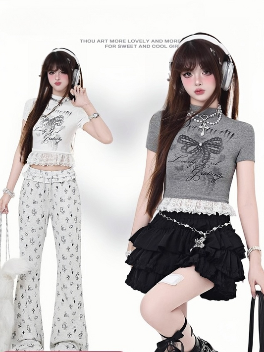 Bow Print Glamorous Cropped Neck Lace Hem T-Shirt Gray/White Mock