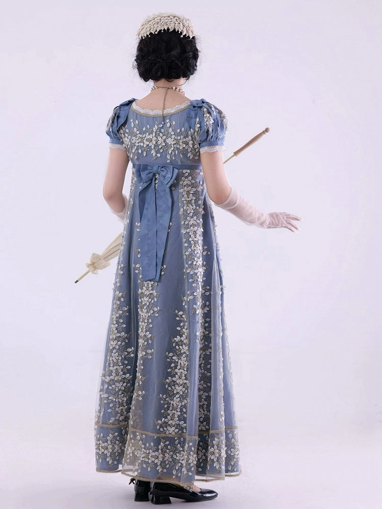 Blue Empire Waist Regency Elegant Lolita Maxi Dress Ankle Length Version