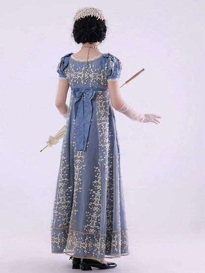 Blue Empire Waist Regency Elegant Lolita Maxi Dress Ankle Length Version