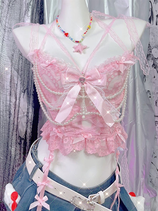 Pink Cross Top Beaded Lace Cami With Y2K Bow Charm Chains