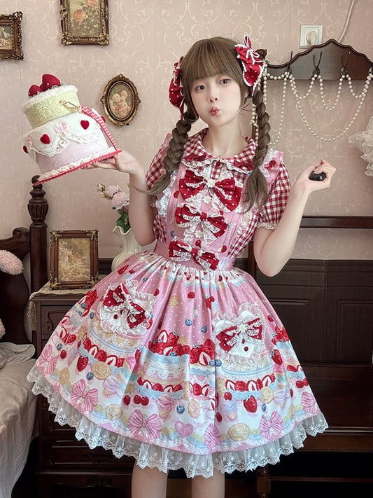 Sweet Overalls Cake Pink Dress Country Lolita Strawberry Cottagecore Print